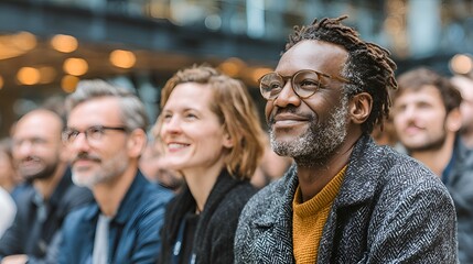 Obraz premium A diverse group of people attentively watch a presentation or performance at an outdoor event in a modern urban setting location venue.