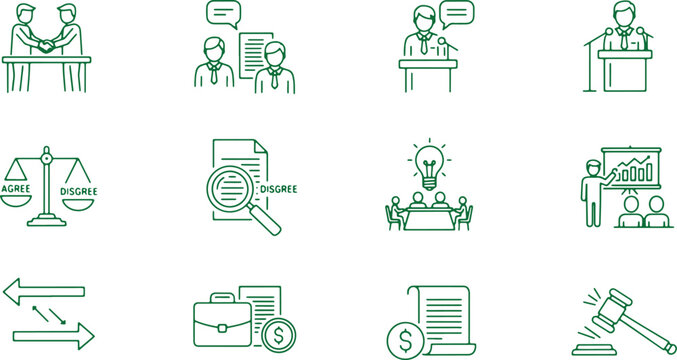 Business mediation and legal arbitration process set with professional negotiation and justice icons.