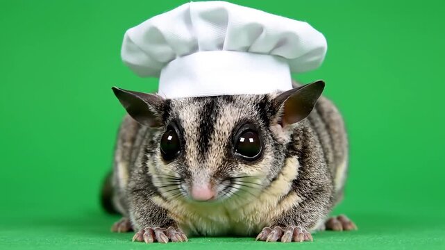 Adorable sugar glider wearing a tiny chef hat, looking directly at the camera with a cute expression on a vibrant green background.