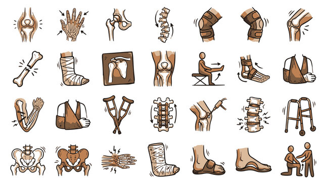 Orthopedic and Bone Health Medical Icon Set in Hand-Drawn Style. Collection of healthcare icons including arthritis, fracture, knee joint pain, spine, hip replacement, crutches, cast, and walker.