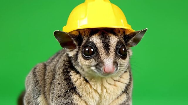 Cute sugar glider wearing a yellow hard hat on a vibrant green background, looking directly at the camera.