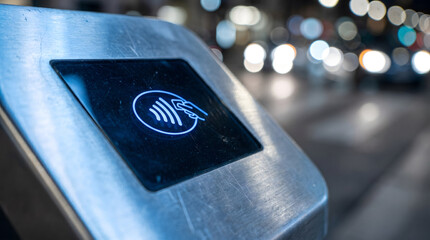 contactless payment symbol on public transport charging pad with city lights background © Think House Studio