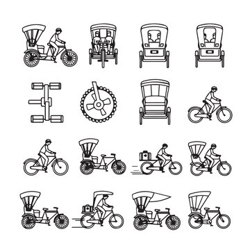 Cyclo rickshaw variations with driver and passengers in different views and angles