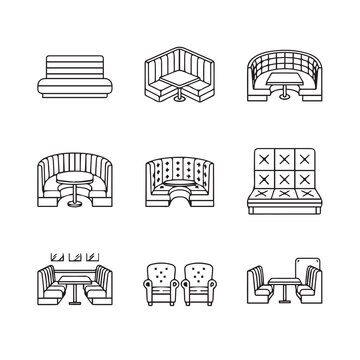 Diner booth and seating arrangements in clean line art for interior design concepts