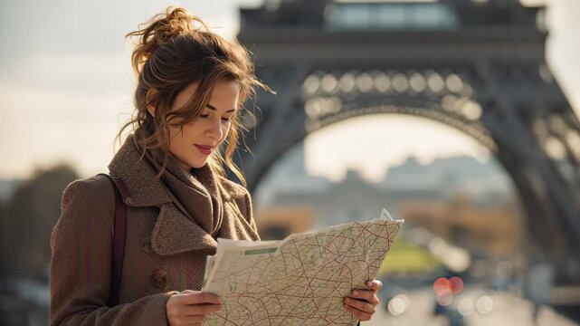 Young female tourist stands near the Eiffel Tower in Paris, reading a city map on a mild sunset day. Stylish autumn outfit, soft light and blurred background create a warm travel atmosphere