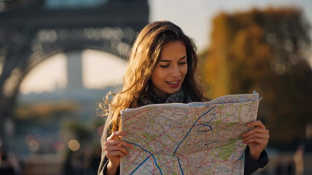 Smiling young woman tourist holding and reading a paper city map near the Eiffel Tower in Paris at sunset, enjoying autumn travel and sightseeing in warm golden light