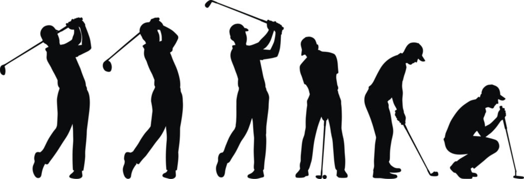 Golf player silhouette collection showing swing, putting, and reading green poses isolated vector illustration for sports design concepts