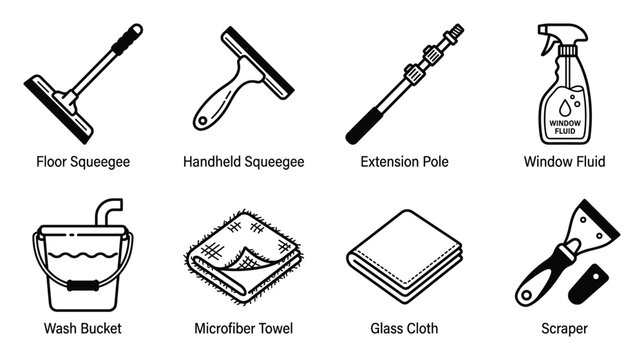 Cleaning supplies icons for windows floors and general maintenance include squeegees buckets cloths and spray bottle.