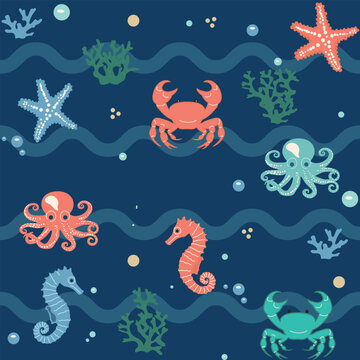 Seamless vector pattern with cute marine animals including octopus, crab, seahorses and coral. Dark blue ocean background with soft pastel accents creates a playful underwater atmosphere
