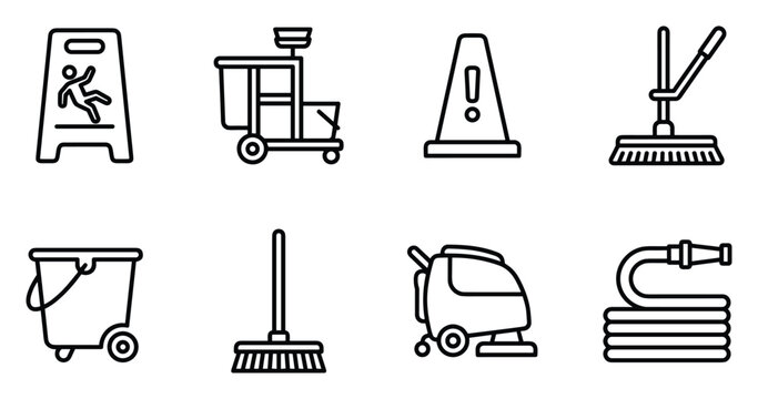 Cleaning tools and equipment icons, vector line art, mop, broom, bucket, wet floor sign.