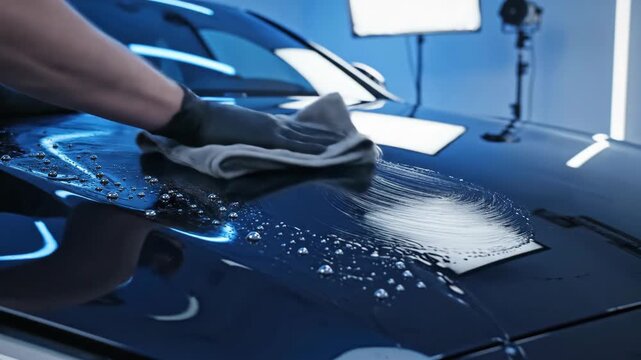 close up of worker's hand in black glove polishing dark blue hood with microfiber cloth. water drops on shiny surface. auto detailing, car wash service, vehicle maintenance and care.