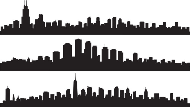 City skyline silhouette set with tall skyscrapers, central tower, and monochrome layered skyline panels