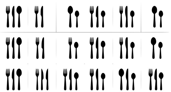 Grid pattern of restaurant cutlery icons, spoon, fork and knife set.