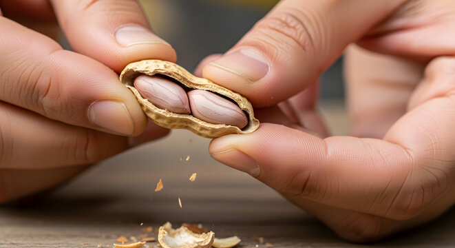 Person cracking open a walnut shell to reveal the edible nutmeat inside with their fingers on a wooden surface