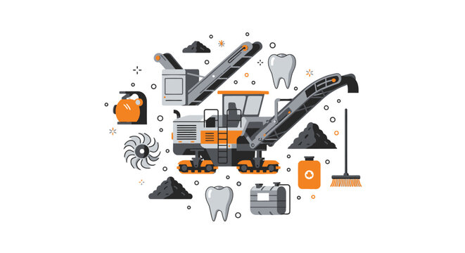 Industrial Heavy Machinery Flat Vector Illustration with Road Milling Machine, Conveyor Belts, and Construction Tools on White Background