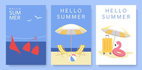 Naklejka premium Hello, summer! Sunny beach and sea, relaxation. Vector illustration, vacation and travel concept.