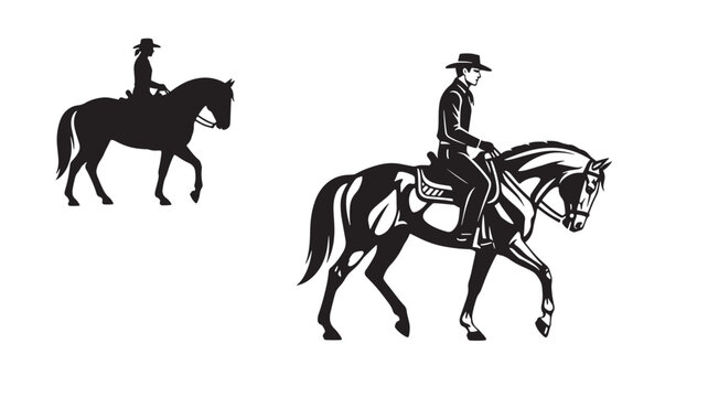 Horse cowboy rider silhouette vector with hat on bucking horse and standing horse for western theme illustration