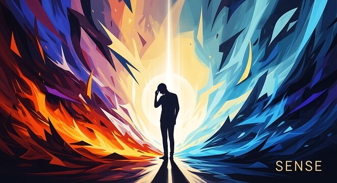 Man contemplating choices between opposing forces of light and darkness.
