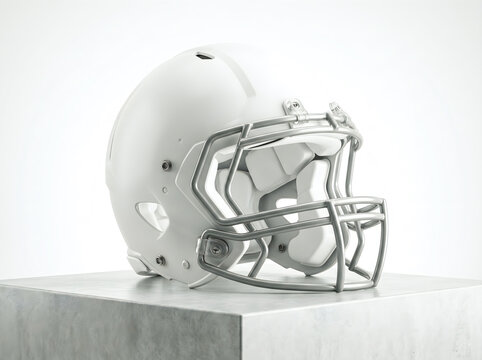 White american football helmet with silver facemask on pedestal football helmet mockup