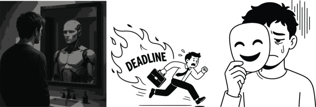 Mental health and emotional stress concept vector illustration with burnout deadline pressure identity crisis and hidden emotions symbolism