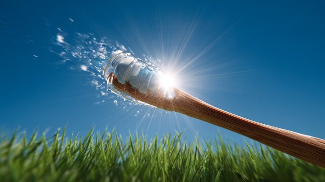 A wooden toothbrush head, with toothpaste, bursts into a sunlit spray over green grass under a clear blue sky