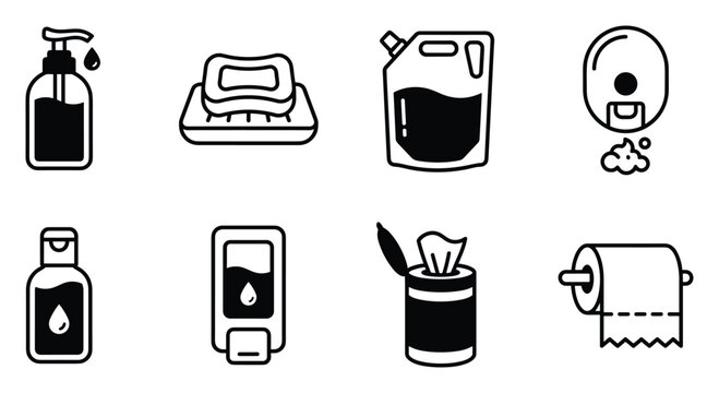 Hygiene icons liquid soap bar soap hand sanitizer wipes dispenser toilet paper roll sanitizing gel dispenser.