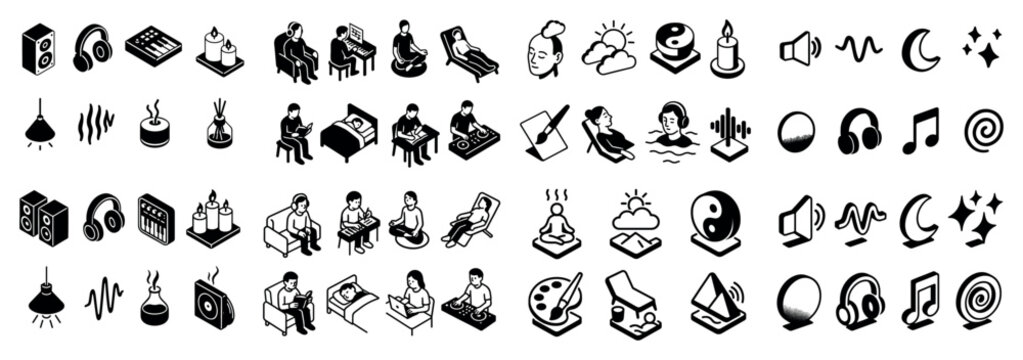 Wellness icons with speaker candle headphones isometric