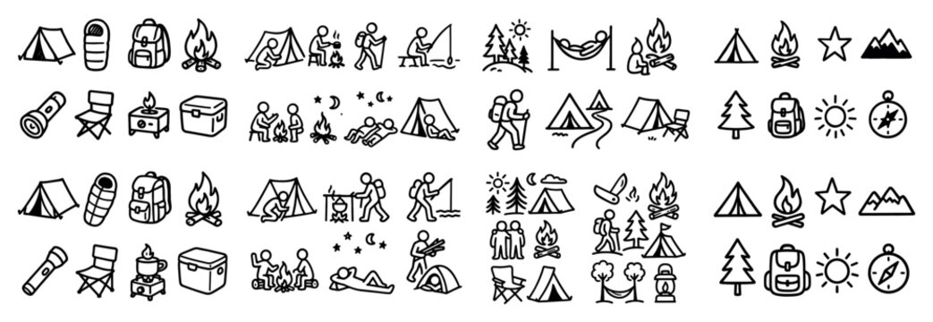 Outdoor camping icons with tent campfire backpack line