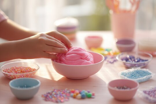 Kids hands making pink slime at home: step-by-step art project for young creators