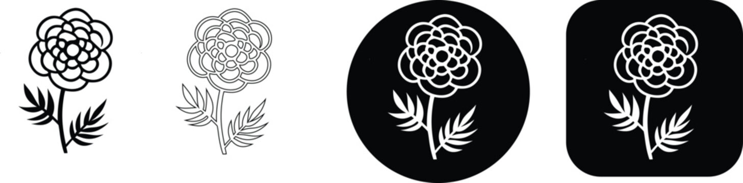 Group of stylized marigold flower with leaves, in line black circle, and rounded square formats