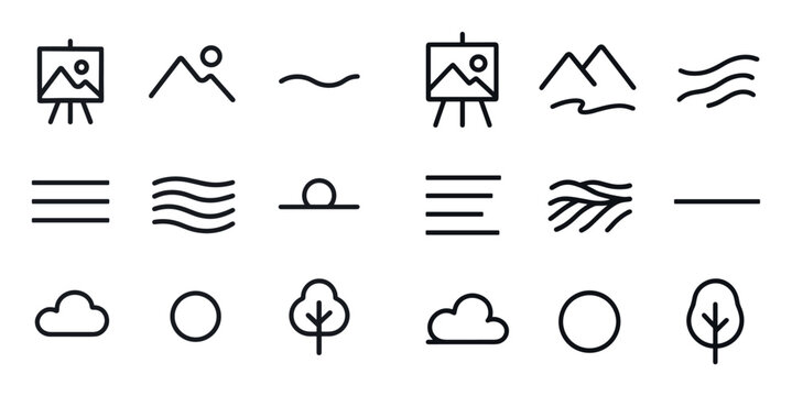 Nature icons with mountain tree and sun outline