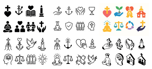Fototapeta premium Religion icons with cross heart candle outline