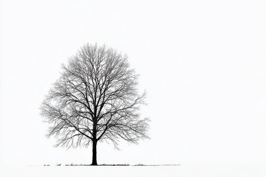 Leafless tree silhouette in a clean white space, sculptural, contemplative mood