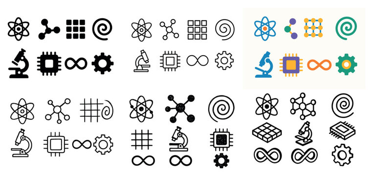Science icons with microscope atom chip flat