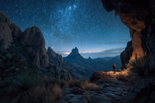 Lone hiker under a starry sky at the Window Trail overlook, Chisos Basin, Texas