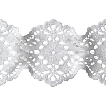 Delicate White Scalloped Floral Lace Border Trim Ribbon on Transparent Background