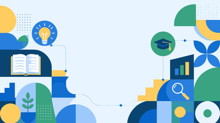 A modern flat vector illustration combining a book, plant, and geometric shapes to represent learning, personal growth, and knowledge. © Doms
