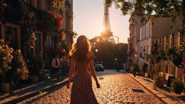 Cinematic footage of a young woman in a summer dress walking along a cobblestone Paris street toward the Eiffel Tower at golden hour, with warm sunlight, flowers and relaxed tourists in the background