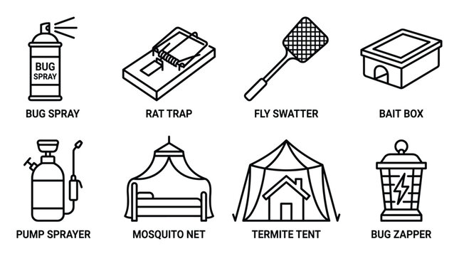 Pest control and insect repellent tools icons set bug spray rat trap fly swatter.