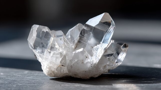 Macro close-up of a clear quartz crystal cluster with sparkling facets and natural light