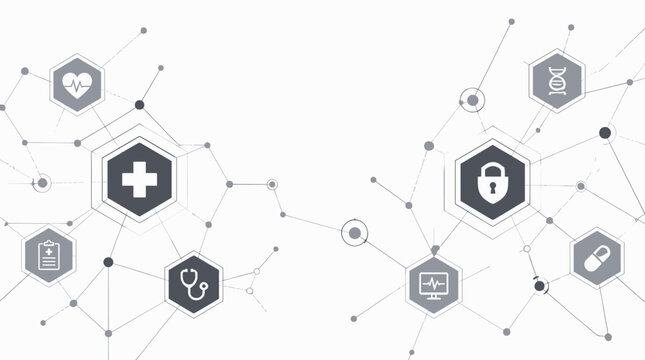 A clean, minimalist grey vector graphic showing a medical clipboard within a network of connected nodes for healthcare technology concepts.