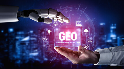 Naklejka premium Futuristic Collaboration Between Human Hand and Robotic Hand Illustrating Generative Engine Optimization Concept in a Digital Environment Fluxor.