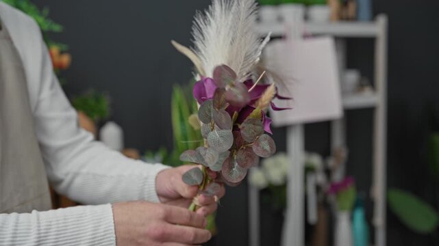 Man florist arranging flowers, hands tying a small bouquet with eucalyptus, purple calla and pampas grass in studio; calm care.