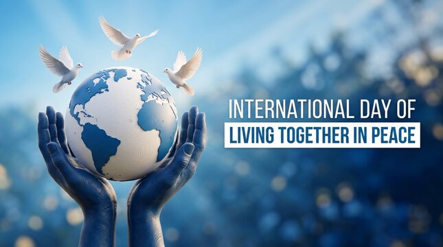 Hands holding a globe with doves flying around it on international day of living together in peace
