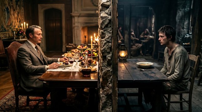 A powerful visual metaphor of inequality showing two individuals sharing the same table but separated by extreme disparity in resources and privilege.