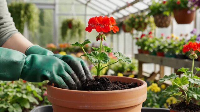 close up of hands in green gloves planting young plant into terracotta pot with soil. greenhouse background with blooming flowers. spring gardening hobby, nature growth, agriculture.