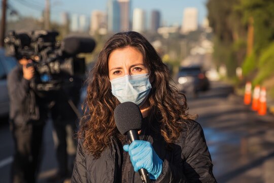 Masked reporter with handheld microphone engaging in a street interview during health crisis