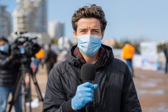 Masked reporter with handheld microphone engaging in a street interview during health crisis
