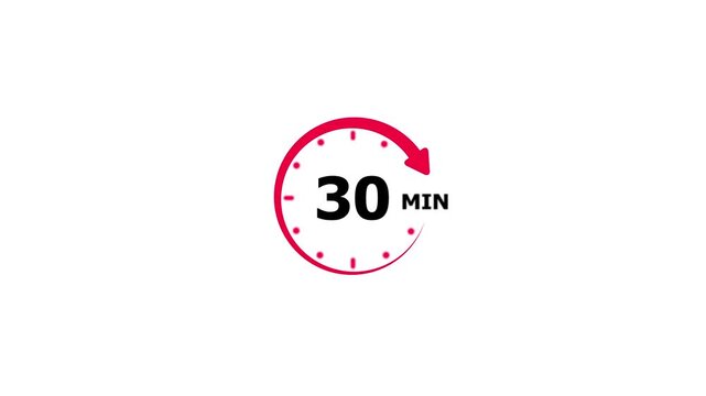 30 minutes Countdown Timer Animation with Red Rotating Arrow on White Background. Red circle timer icon concept. 4k video