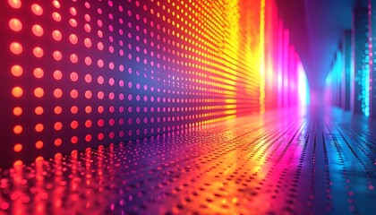 Fototapeta premium Abstract digital tunnel with glowing LED lights and reflective floor, vibrant neon colors, futuristic technology background, data stream, cyberspace exploration